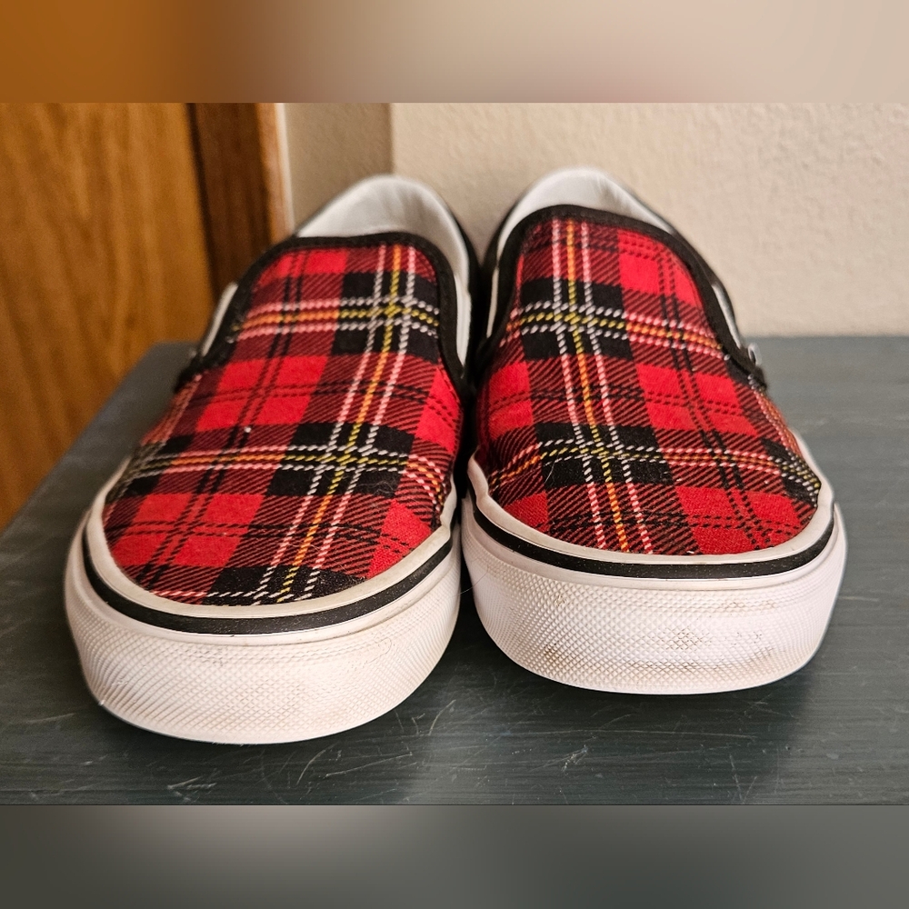 Red and Black Tartan Plaid Slip-on Vans